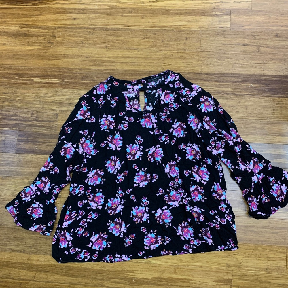 Lane Bryant Floral Bell Sleeve Keyhole Blouse Top Plus Size 20 Black Purple